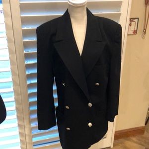 Ellen Tracy black wool and cashmere double vested blazer. Silver tone buttons